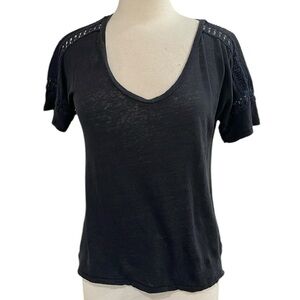 J.Crew V Neck Short Sleeve Lace Inset Shoulder T Shirt Black SZ S